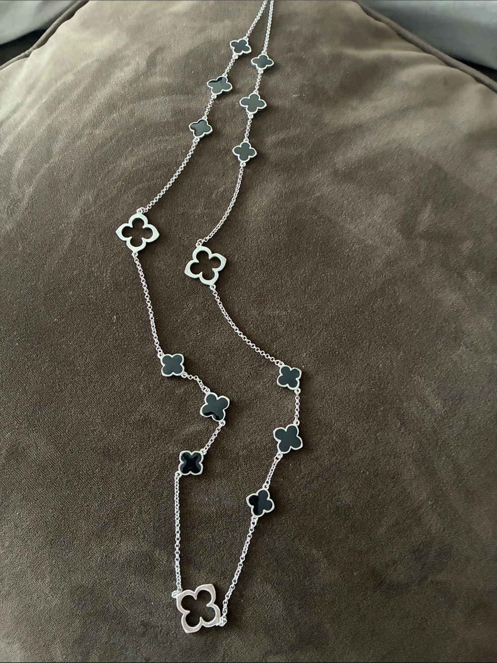 Long Silver Necklace with Black Clover Motifs